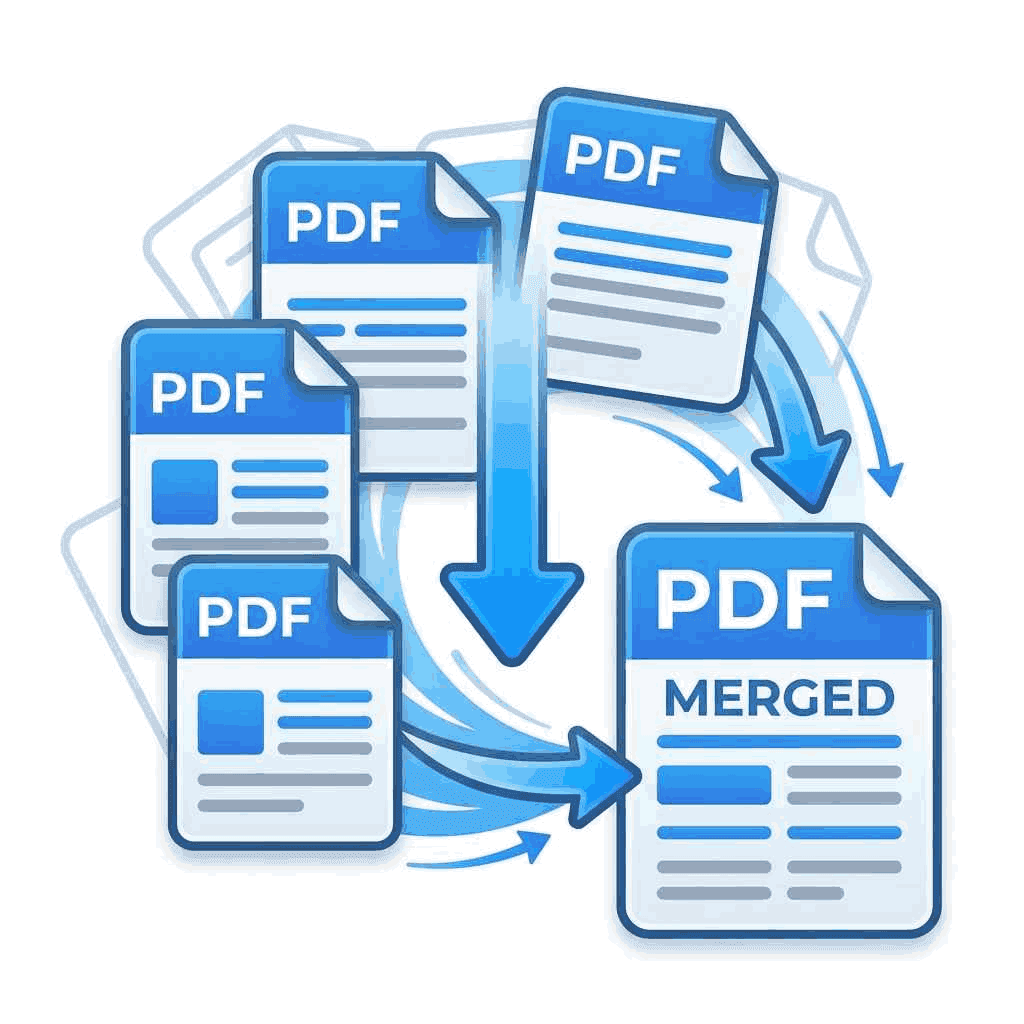 PDF merge workflow showing multiple PDF files being combined into one document